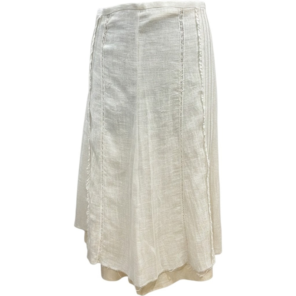 Zara Linen Lace Pintuck Midi Skirt Cream Boho Frayed Hem Small